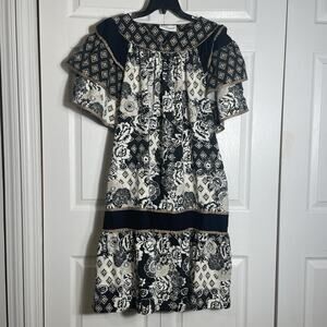 Vintage 70s Krist Gudnason California Boho‎ Dress Women M Black White Tan Floral